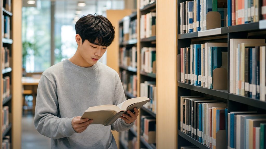 도서관 서가에서 책을 펼쳐 보는 이용자 – 전국 도서관 이용 정보