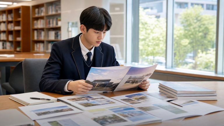 도서관 학습공간 책상에서 안내 자료를 펼쳐 검토하는 이용자